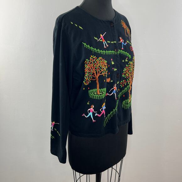 VINTAGE Michael Simon Black Button Down Long Sleeve "Park" Embroidered Top L - Picture 8 of 12